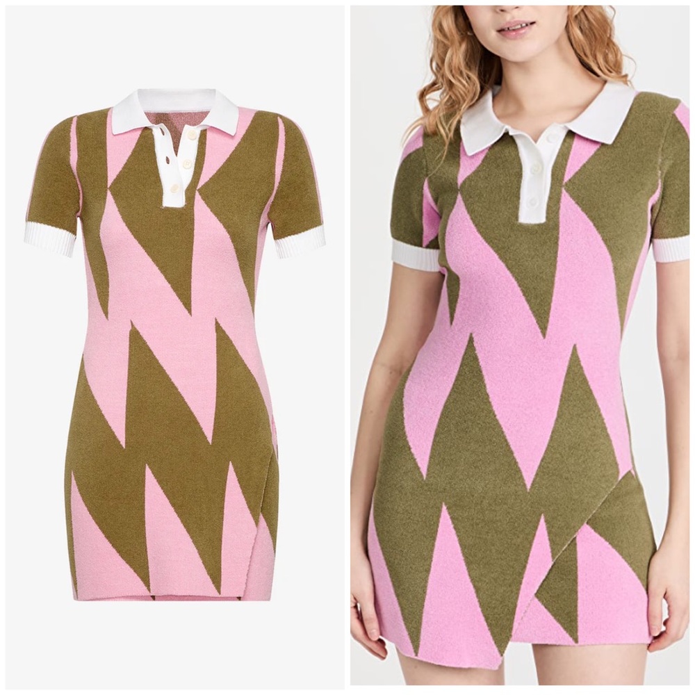 SER.O.YA Pink and Olive Green Zigzag Knit Polo Mini Dress